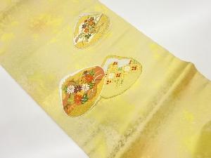 引箔貝合せに秋草・菱模様織出し開き名古屋帯（額縁仕立て）